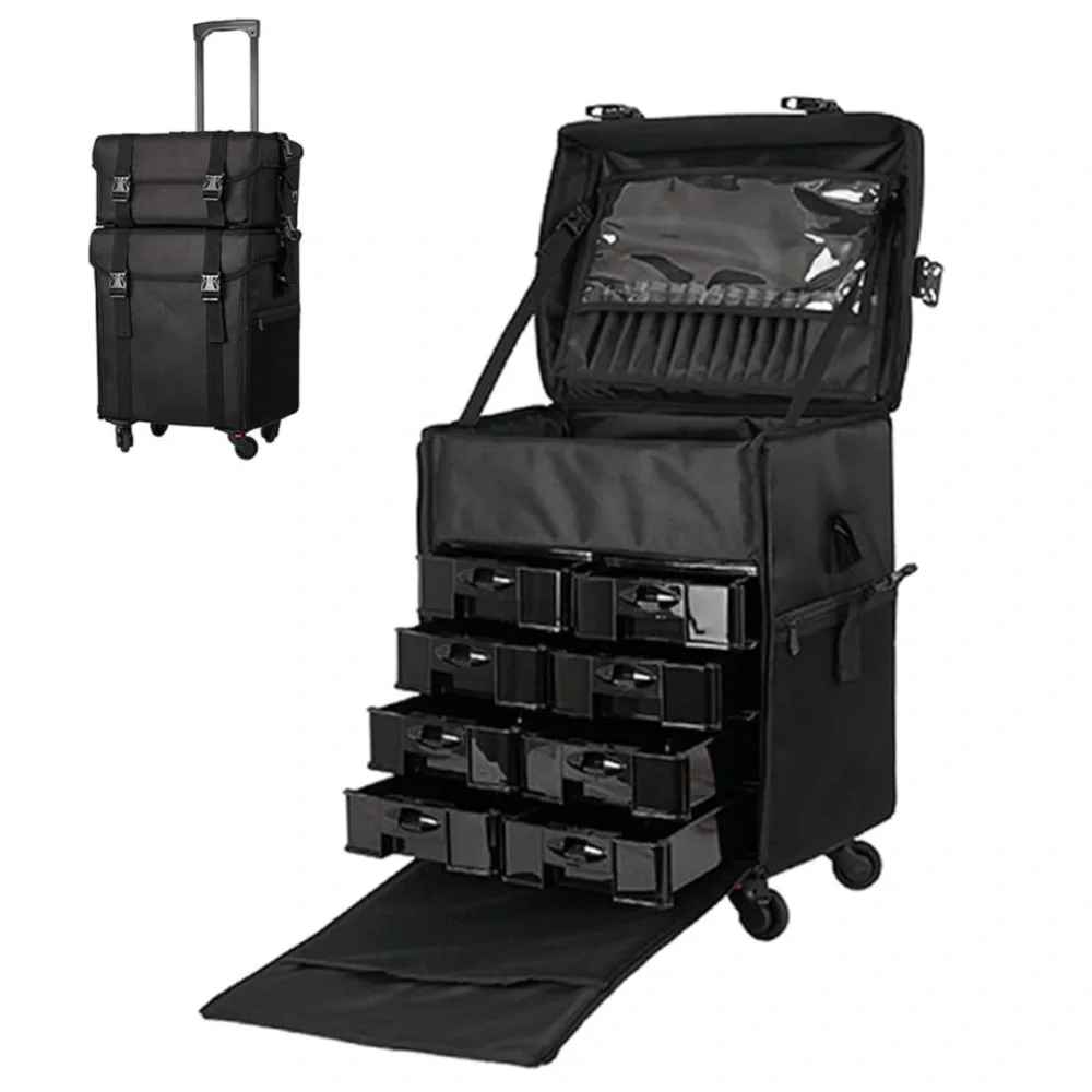 Black Rolling Makeup Case with Drawers Train Case Artist Travel Organizer - Picture 1 of 2